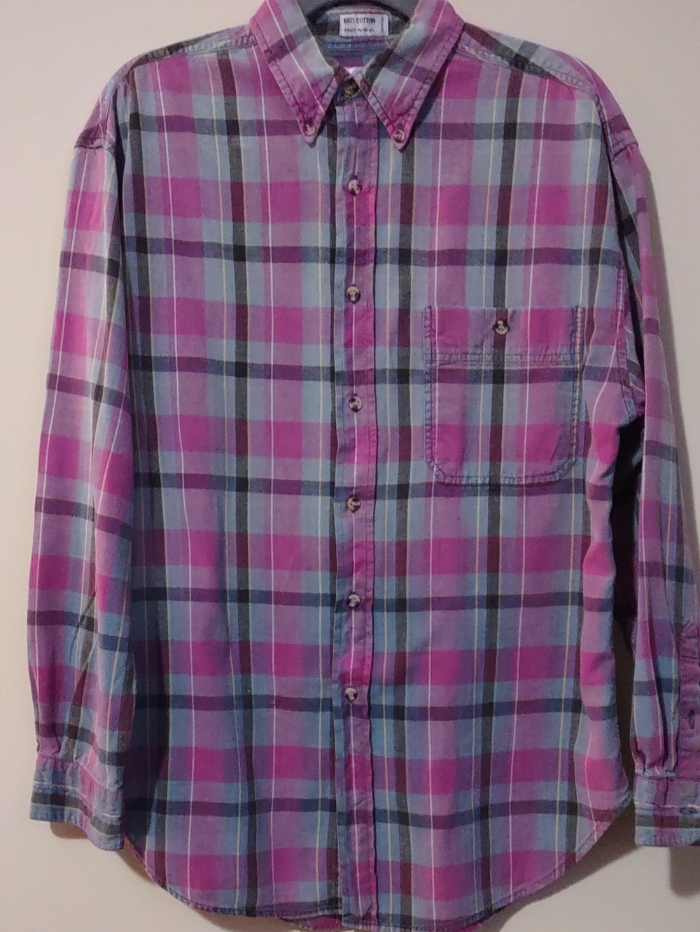 Vintage 90s World Island Plaid Flannel Button Down Shirt Medium Purple Teal